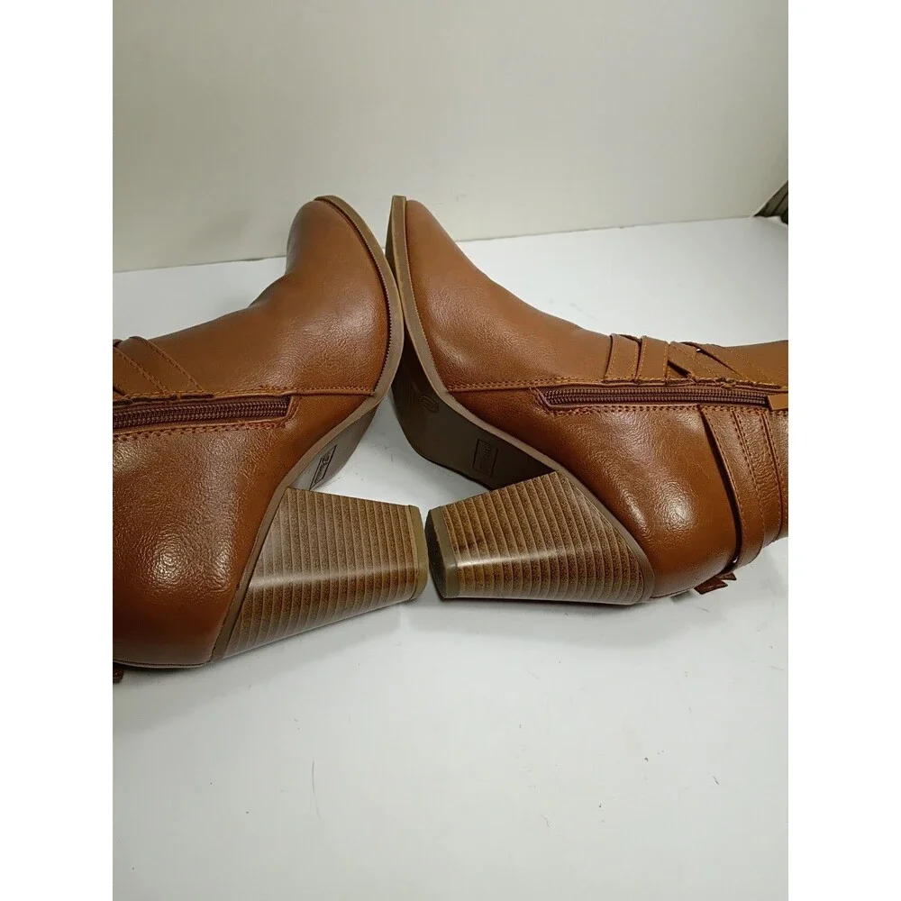 Forever women's three buckle cognac  boots mid heel size 9